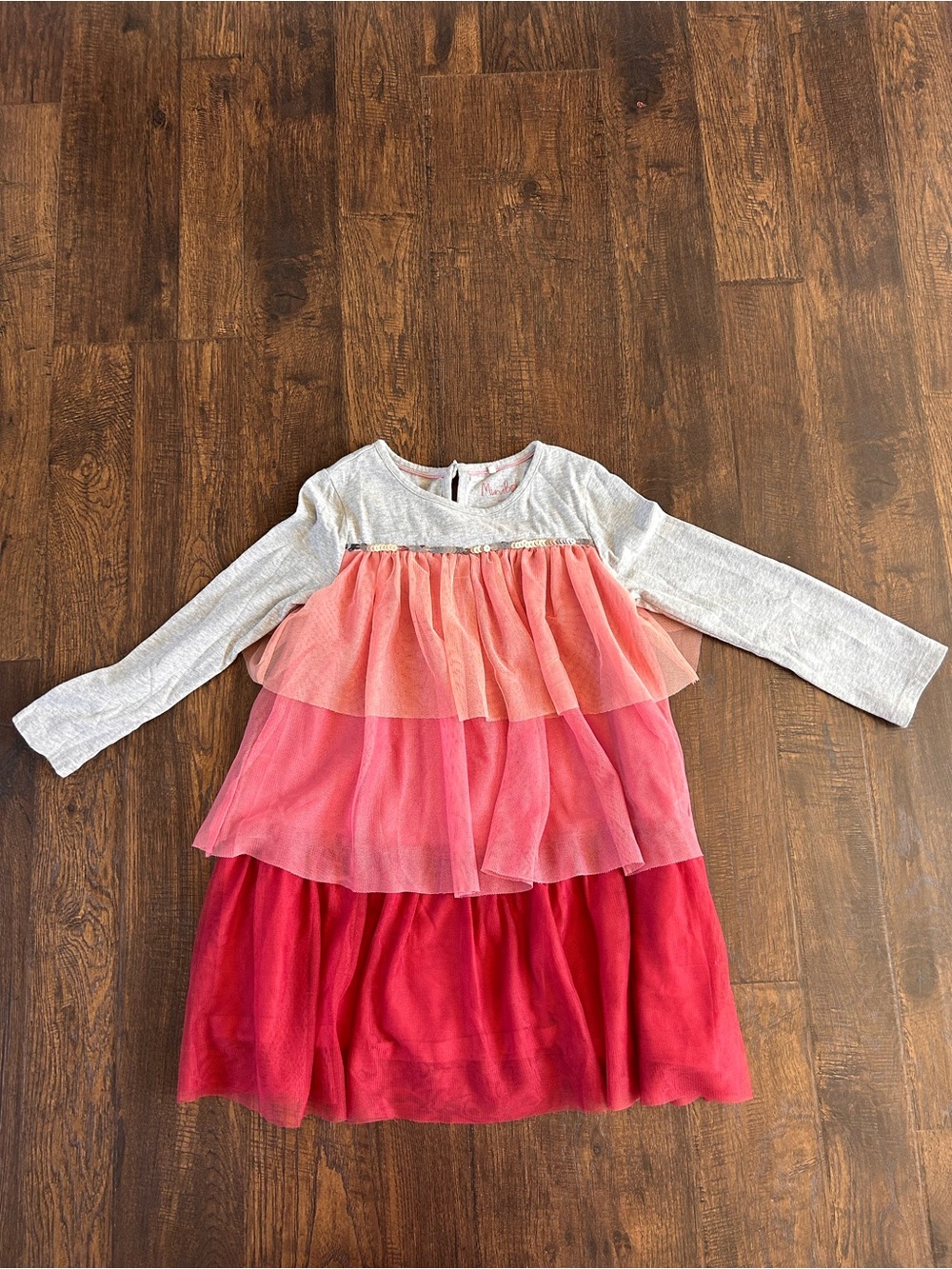 Mini Boden Girls Long Sleeve Tiered Tulle Dress - Coral, Pink, Red